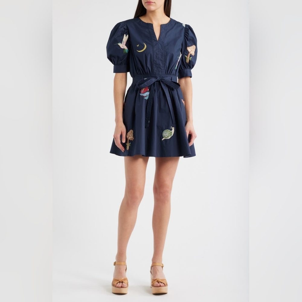 NWT CIEBON Barona Nature Embroidered Fit & Flare Cotton Dress Navy Blue Size XL